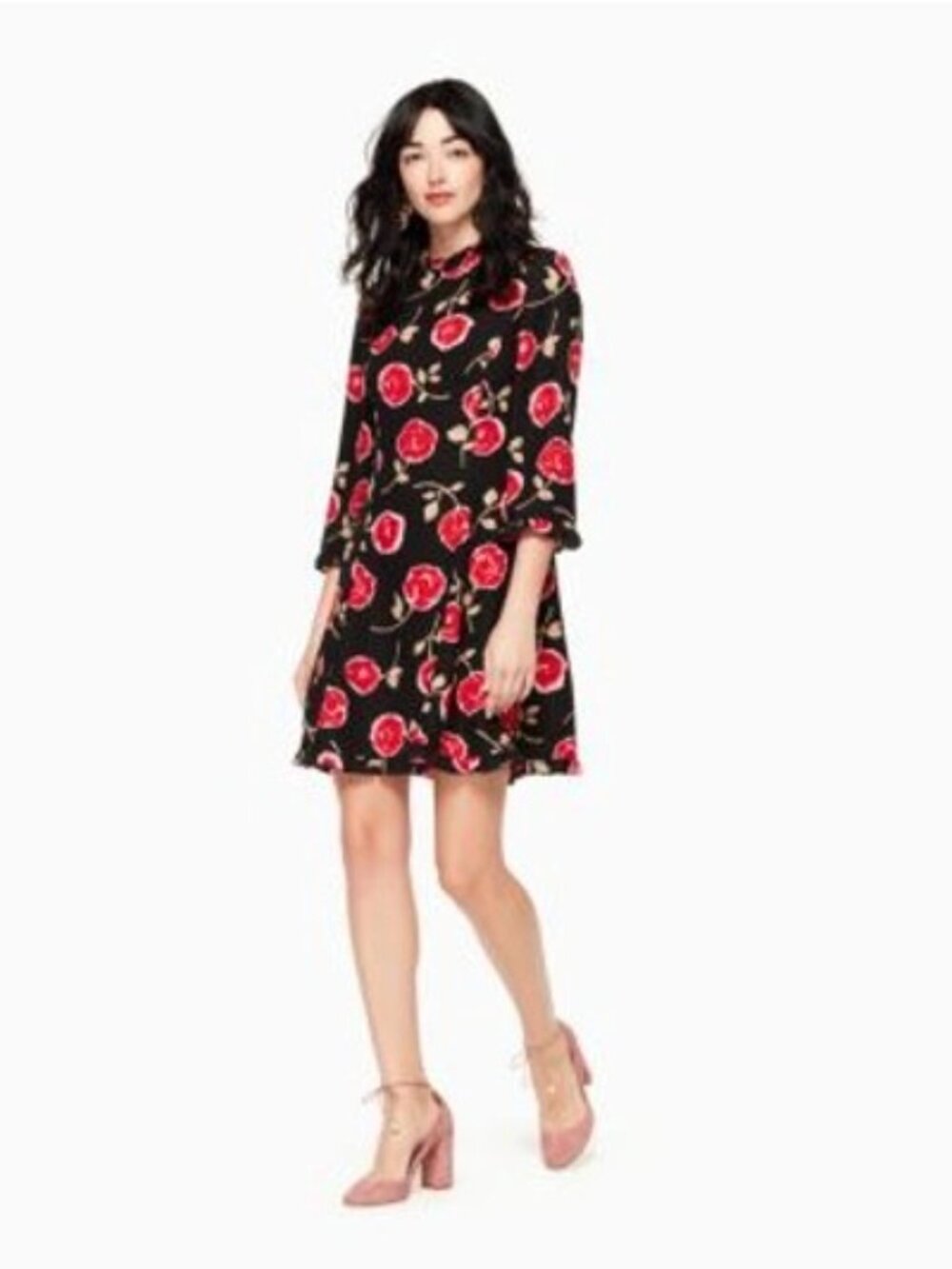 Kate Spade Black Pink Rose Floral Midi Ruffle Hem Dress Modest Career Feminine - Picture 2 of 14